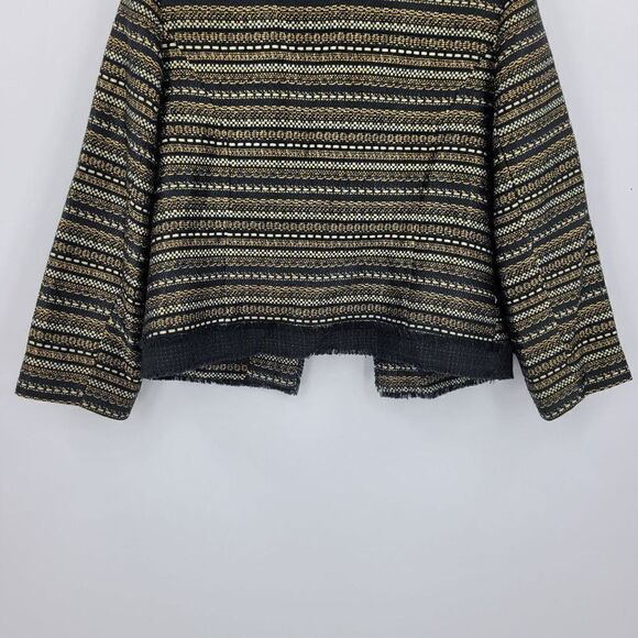 Chico's Boucle Tweed Blazer Size 1 M Black Gold Metallic Striped Chain Trim - Picture 8 of 12